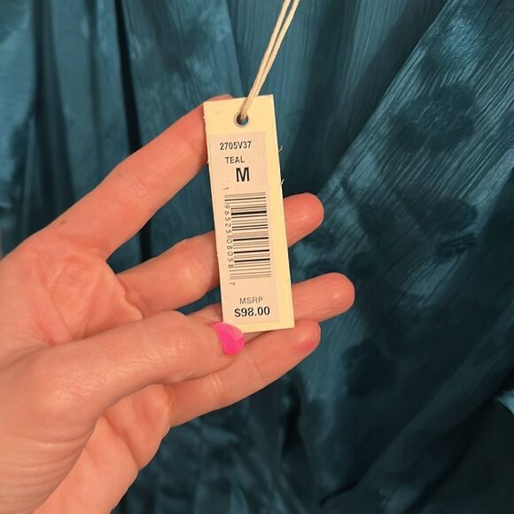 Max Studio Teal Blue Jacquard Chiffon Wrap Style Flutter Sleeve Blouse - Picture 11 of 11